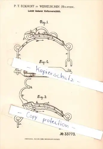 Original Patent  - P. T. Eckhoff in Wesselburen , Holstein , 1885 , Leicht lösbarer Kettenverschluß !!!