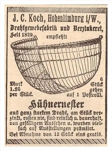 original Werbung - 1888 - J.C. Koch in Hohenlimburg i.W., Drahtgewebefabrik , Hühner-Nester , Huhn , Eier !!!
