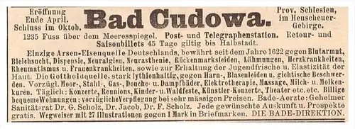 original Werbung - 1888 - Bad Kudowa / Kudowa Zdroj , Schlesien , Herzheilbad , Kur , Arzt , Apotheke , Cudowa !!!