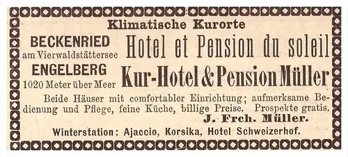 original Werbung - 1888 - Kur-Hotel & Pension Müller in Beckenried b. Engelberg  , Hotel und Kurhaus , Kur  !!!