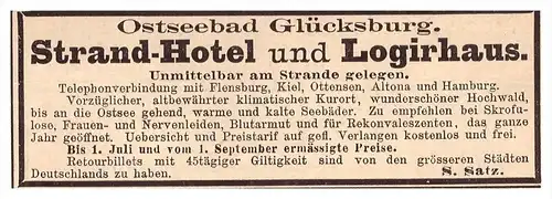original Werbung - 1888 - Strandhotel in Glücksburg , Ostseebad , Kur , Heilanstalt , Arzt , Apotheke !!