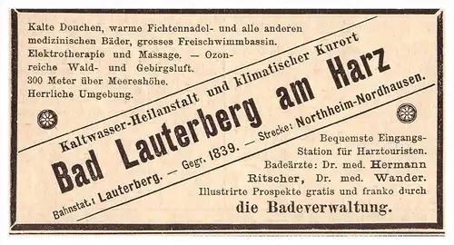 original Werbung - 1888 - Bad Lauterberg a. Harz , Kur , Heilanstalt , Arzt , Apotheke !!