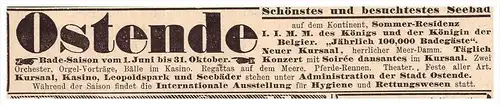 original Werbung - 1888 - Ostende , Seebad , Kur , Heilanstalt , Arzt , Apotheke !!
