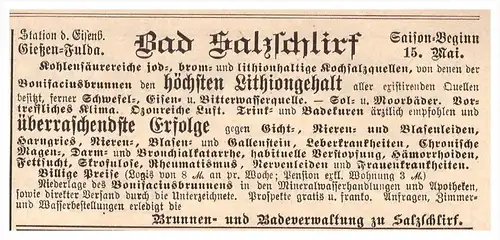 original Werbung - 1888 - Bad Salzschlirf , Kur , Heilanstalt , Arzt , Apotheke !!