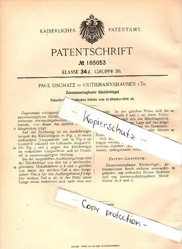 Original Patent - Paul Oschatz in Guthmannshausen i. Th., 1906 , zusammenlegbarer Kleiderbügel , Sömmerda !!!