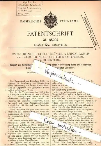 Original Patent - G. Kettler in Osternburg bei Oldenburg , 1906 , Salpetersäure-Gewinnung , O. Brünler in Leipzig-Gohlis