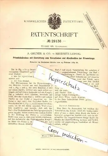 Original Patent - A. Gruner & Co in Leipzig-Reudnitz , 1884 , Priemtabak-Dose , Priem , Tabak , Kautabak !!!