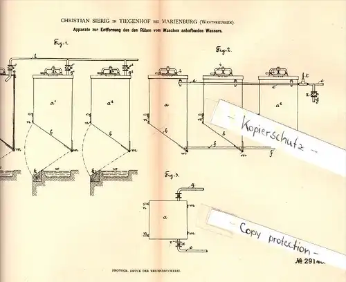 Original Patent - Christian Sierig in Tiegenhof b. Marienburg , Westpreussen , 1884 , Rübenapparat , Nowy Dwór Gdanski !