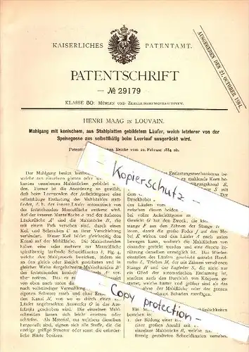Original Patent - Henri Maag in Louvain / Löwen , 1884 , Mahlgang für Mühle , Windmühle !!!
