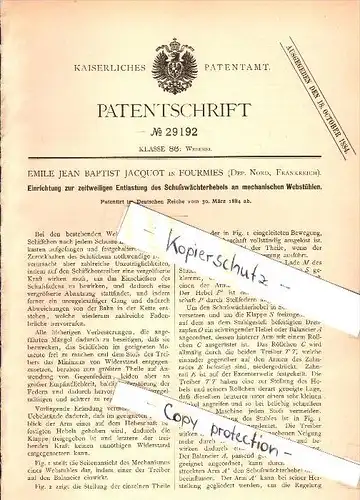 Original Patent - E.J. Jacquot à Fourmies , Nord , 1884 , Dispositif de décharge pour métier , tissage !!!