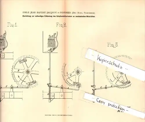 Original Patent - E.J. Jacquot à Fourmies , Nord , 1884 , Dispositif de décharge pour métier , tissage !!!