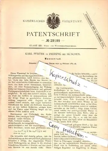 Original Patent - Karl Pfister in Freising b. München , 1884 , Wasserrad , Mühle !!!