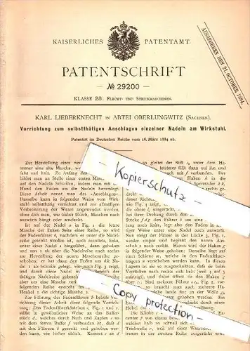 Original Patent - Karl Lieberknecht in Oberlungwitz , 1884, Vorrichtung zum Anschlag am Wirkstuhl , Strickerei , Zwickau