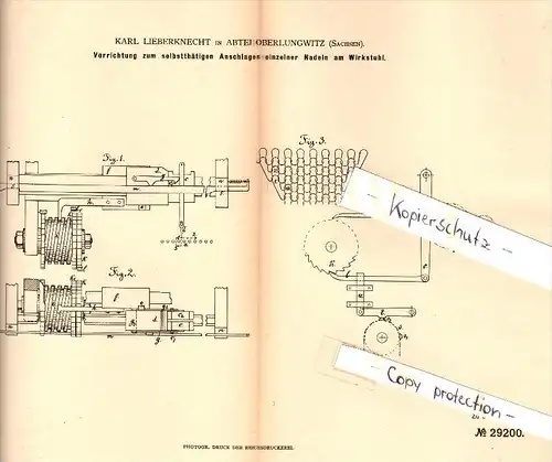 Original Patent - Karl Lieberknecht in Oberlungwitz , 1884, Vorrichtung zum Anschlag am Wirkstuhl , Strickerei , Zwickau