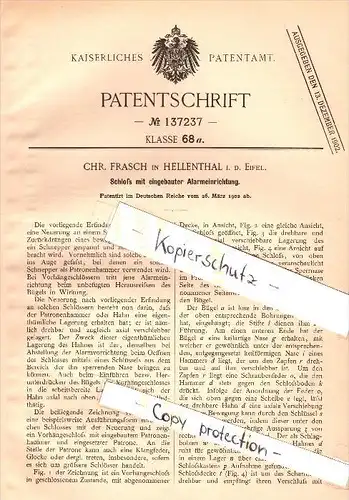 Original Patent - Chr. Frasch in Hellenthal i.d. Eifel , 1902 , Schloß mit Alarmeinrichtung , Alarmanlage , Alarm !!!