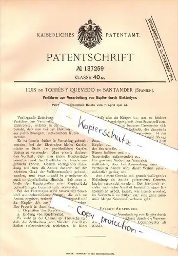 Original Patent - Luis de Torres y Quevedo en Santander , Spain , 1901 , Procesamiento de cobre por electrólisis !!!