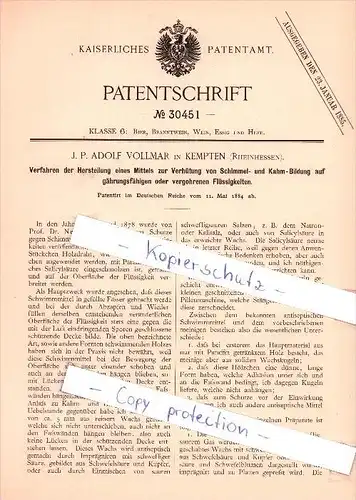 Original Patent  - J. P. Adolf Vollmar in Kempten , Rheinhessen  ,1884 , Verhütung von Schimmelbildung , Brauerei , Bier