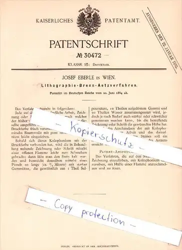 Original Patent  - Josef Eberle in Wien , 1884 , Lithographie - Benn - Aetzverfahren , Druckerei , Druck !!!