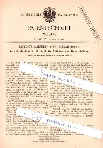 Original Patent  - B. Schneider in Schonach , Baden , 1884 , Verschluß-Apparat für Weichen , Eisenbahn !!!