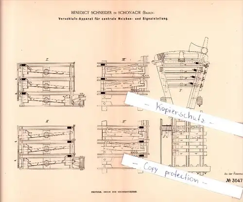 Original Patent  - B. Schneider in Schonach , Baden , 1884 , Verschluß-Apparat für Weichen , Eisenbahn !!!