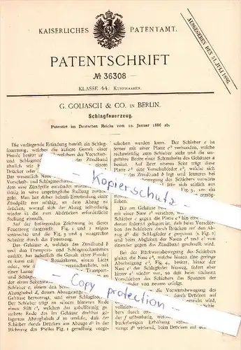 Original Patent  - G. Goliasch & Co. in Berlin , 1886 , Schlagfeuerzeug , Feuerzeug !!!