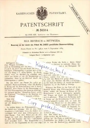 Original Patent  - Max Birnbaum in Mittweida , 1886 ,  Bremsvorrichtung !!!