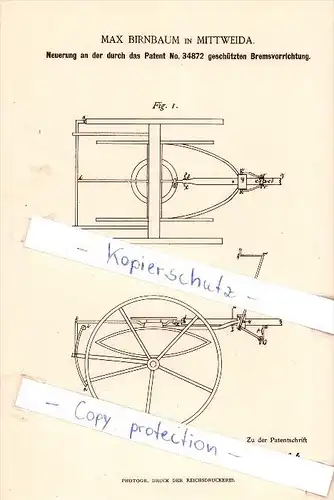 Original Patent  - Max Birnbaum in Mittweida , 1886 ,  Bremsvorrichtung !!!