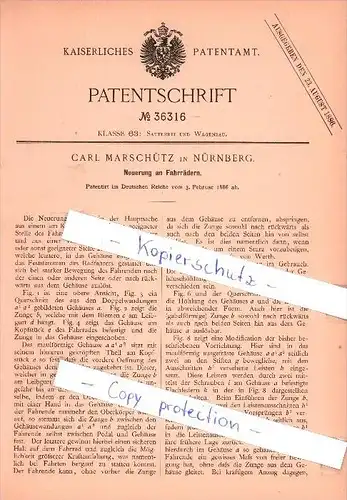 Original Patent  - Carl Marschütz in Nürnberg , 1886 , Neuerung an Fahrrädern !!!