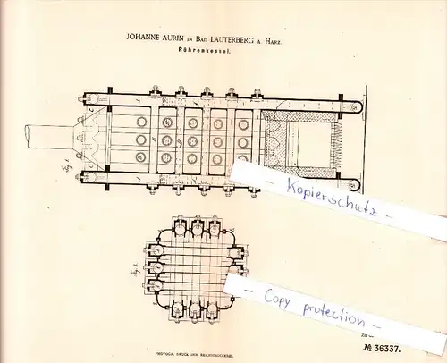 Original Patent  - Johanne Aurin in Bad Lauterberg a. Harz , 1885 , Röhrenkessel !!!