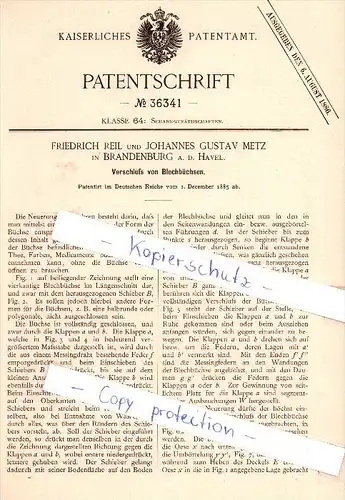 Original Patent  - F. Reil und J. G. Metz in Brandenburg a. d. Havel , 1885 , Verschluß von Blechbüchsen  !!!