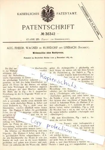 Original Patent  - A. F. Wagner in Russdorf bei Limbach , Sachsen , 1885 , Wirkmaschine !!!