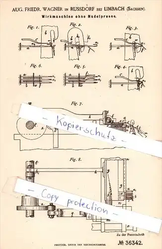 Original Patent  - A. F. Wagner in Russdorf bei Limbach , Sachsen , 1885 , Wirkmaschine !!!