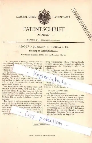 Original Patent  - Adolf Neumann in Ruhla i. Th. , 1885 , Neuerung an Deckelbefestigungen !!!
