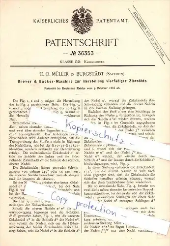 Original Patent  - C. O. Müller in Burgstädt , Sachsen , 1886 , Grover & Backer - Maschine  !!!