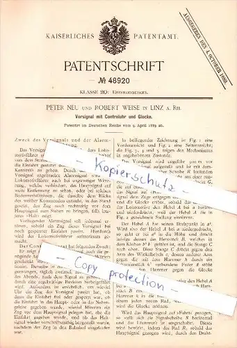 Original Patent  - P. Neu und R. Weise in Linz a. Rhein , 1889 , Vorsignal mit Controluhr und Glocke , Eisenbahn !!!