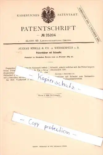 Original Patent  - August Kibele & Co. in Weissenfels a. S. , 1883 , Pulverbläser mit Schaufel !!!