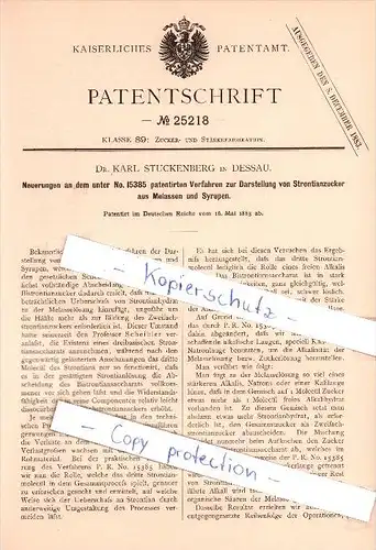 Original Patent  - Dr. Karl Stuckenberg in Dessau , 1883 , Darstellung von Strontianzucker  !!!