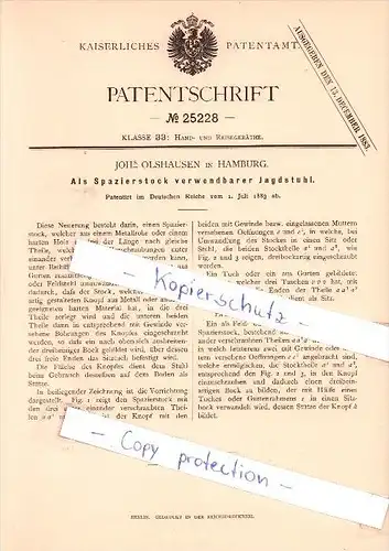 Original Patent  - Johs Olshausen in Hamburg , 1883 , Als Spazierstock verwendbarer Jagdstuhl , Jagd , Jäger !!!