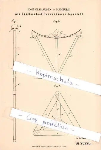 Original Patent  - Johs Olshausen in Hamburg , 1883 , Als Spazierstock verwendbarer Jagdstuhl , Jagd , Jäger !!!