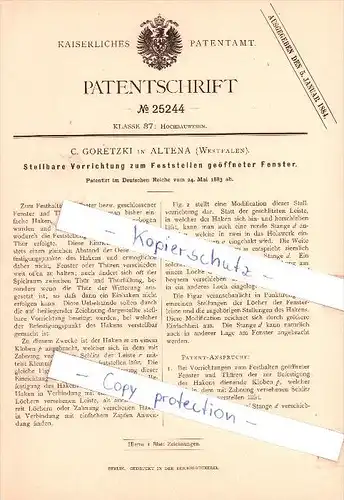 Original Patent  - C. Goretzki in Altena , Westfalen , 1883 , Feststellen geöffneter Fenster !!!