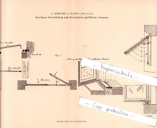 Original Patent  - C. Goretzki in Altena , Westfalen , 1883 , Feststellen geöffneter Fenster !!!