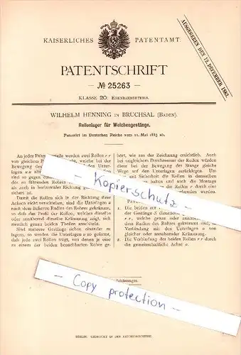 Original Patent  - W. Henning in Bruchsal , Baden , 1883 , Rollenlager für Weichengestänge !!!