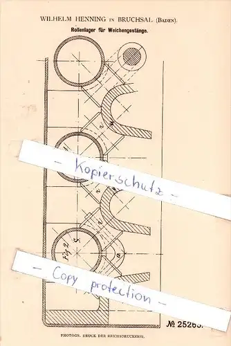 Original Patent  - W. Henning in Bruchsal , Baden , 1883 , Rollenlager für Weichengestänge !!!