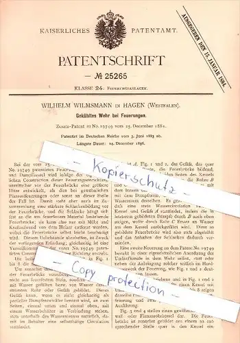 Original Patent  - W. Wilmsmann in Hagen , Westfalen , 1883 , Gekühltes Wehr bei Feuerungen !!!