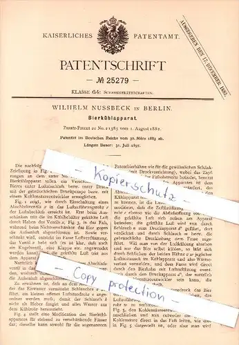 Original Patent  - Wilhelm Nussbeck in Berlin , 1883 , Kühlapparat für Bier !!!
