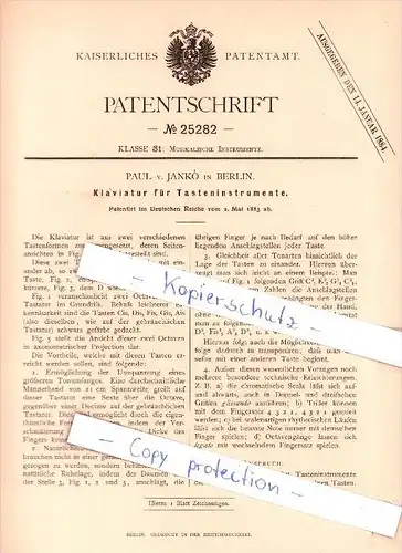 Original Patent  - Paul von Janko in Berlin , 1883 , Klaviatur für Tasteninstrumente !!!