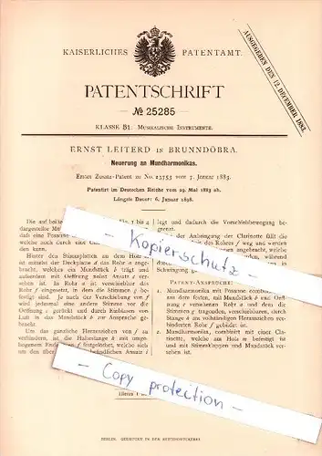 Original Patent  - Ernst Leiterd in Brunndörba , 1883 , Neuerung an Mundharmonika !!!
