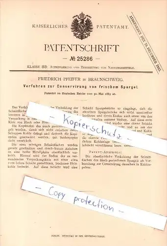 Original Patent  - Friedrich Pfeifer in Braunschweig , 1883 , Conservierung von frischem Spargel !!!