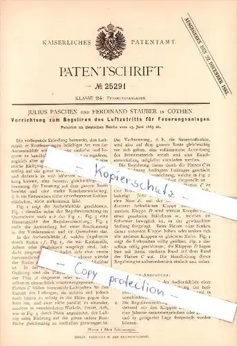 Original Patent  - J. Paschen und F. Stauber in Cöthen , 1883 , Luftzutritt für Feuerungsanlagen , Köthen , Heizungsbau