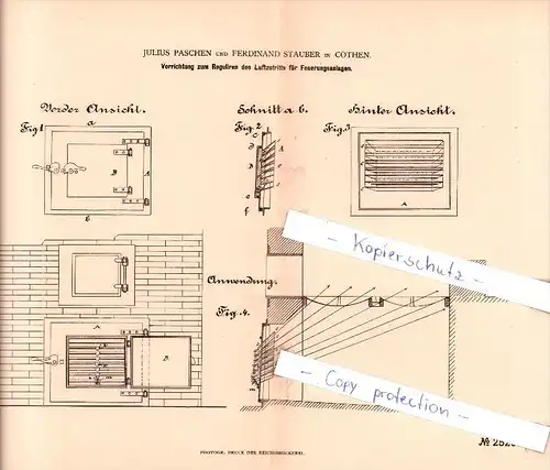 Original Patent  - J. Paschen und F. Stauber in Cöthen , 1883 , Luftzutritt für Feuerungsanlagen , Köthen , Heizungsbau